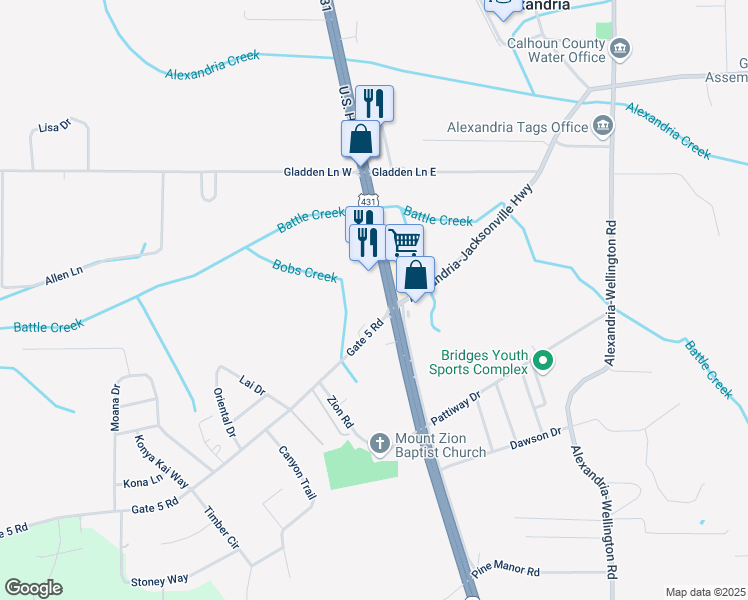 map of restaurants, bars, coffee shops, grocery stores, and more near 6377 U.S. 431 in Alexandria