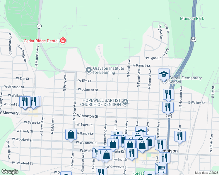 map of restaurants, bars, coffee shops, grocery stores, and more near 803 West Johnson Street in Denison