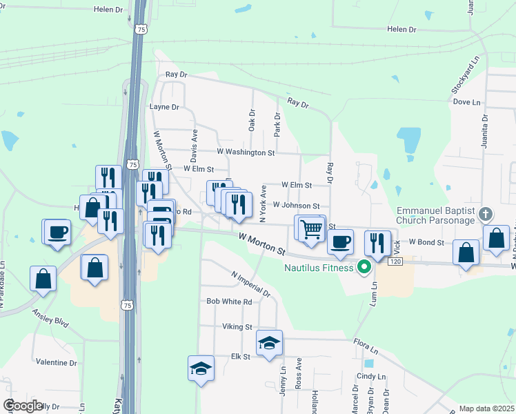 map of restaurants, bars, coffee shops, grocery stores, and more near 729 North York Avenue in Denison