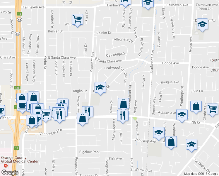 map of restaurants, bars, coffee shops, grocery stores, and more near 18071 Joshua Lane in Santa Ana