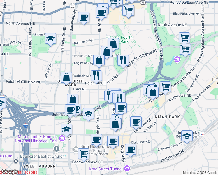 map of restaurants, bars, coffee shops, grocery stores, and more near 650 East Avenue Northeast in Atlanta