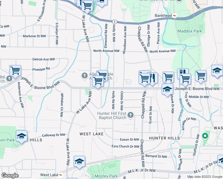 map of restaurants, bars, coffee shops, grocery stores, and more near 294 Holly Road Northwest in Atlanta