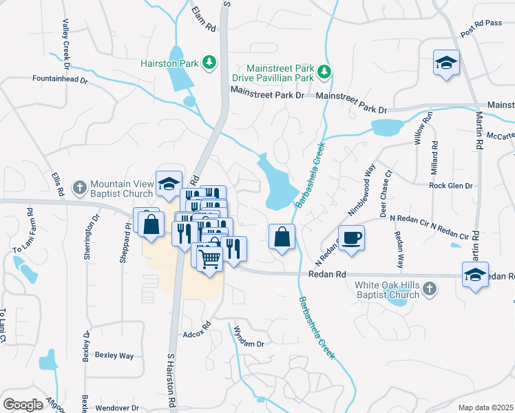 map of restaurants, bars, coffee shops, grocery stores, and more near 1057 Mainstreet Valley Drive in Stone Mountain