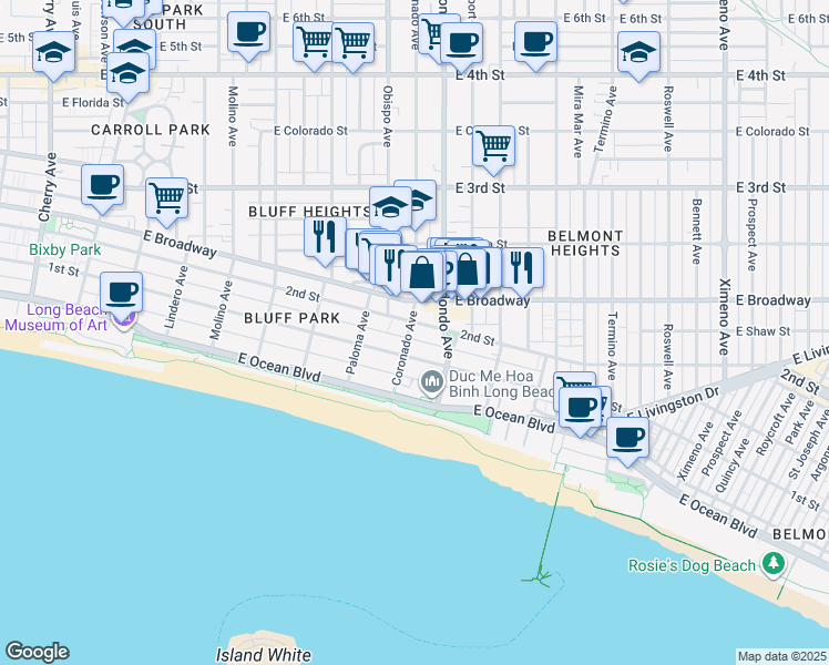 map of restaurants, bars, coffee shops, grocery stores, and more near 116 Coronado Avenue in Long Beach