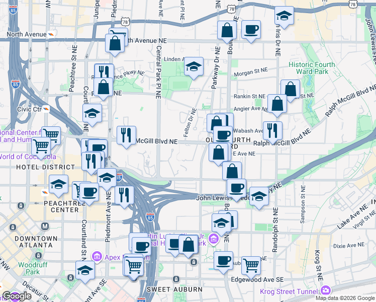 map of restaurants, bars, coffee shops, grocery stores, and more near 381c Ralph McGill Boulevard Northeast in Atlanta
