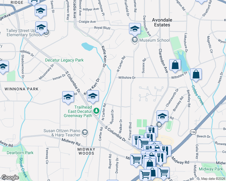 map of restaurants, bars, coffee shops, grocery stores, and more near 1084 North Carter Road in Decatur