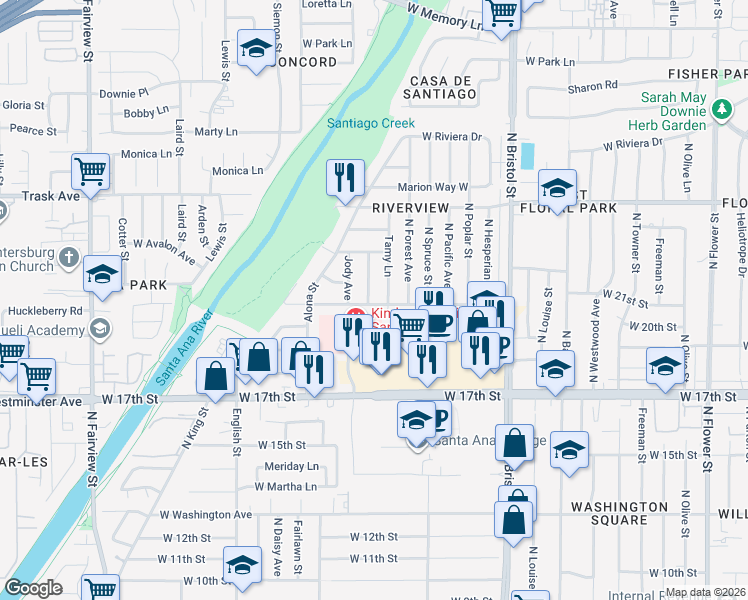 map of restaurants, bars, coffee shops, grocery stores, and more near 2101 Candis Avenue in Santa Ana