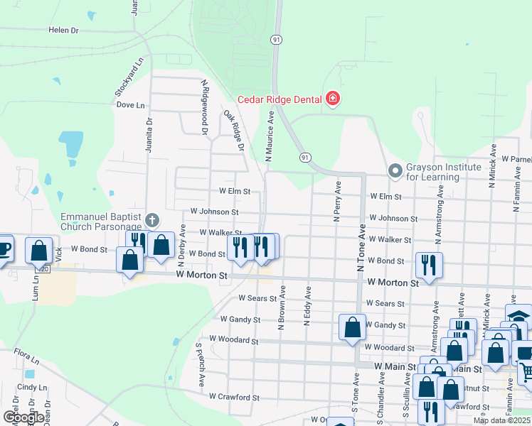 map of restaurants, bars, coffee shops, grocery stores, and more near West Johnson Street in Denison