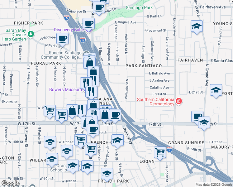 map of restaurants, bars, coffee shops, grocery stores, and more near 2026 French Street in Santa Ana