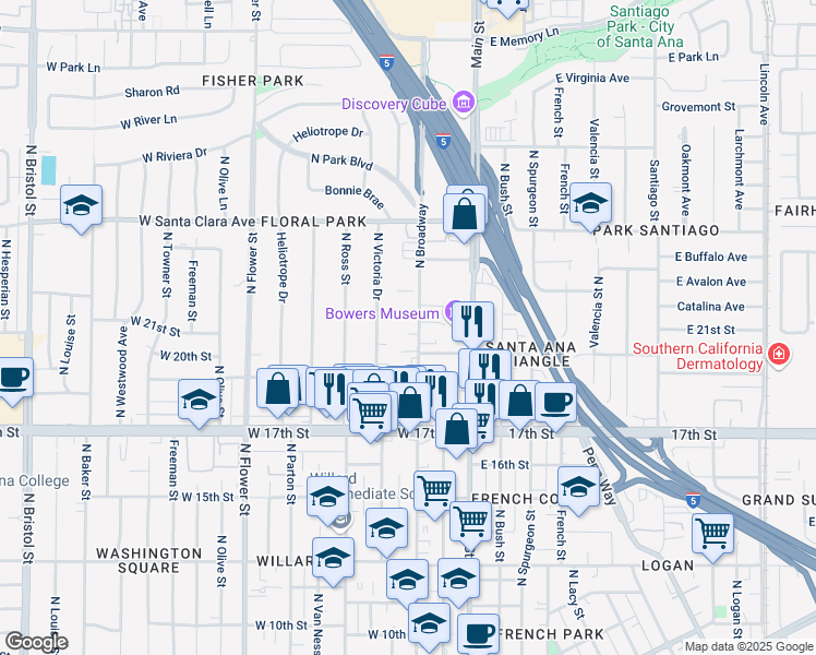 map of restaurants, bars, coffee shops, grocery stores, and more near 2024 North Broadway in Santa Ana