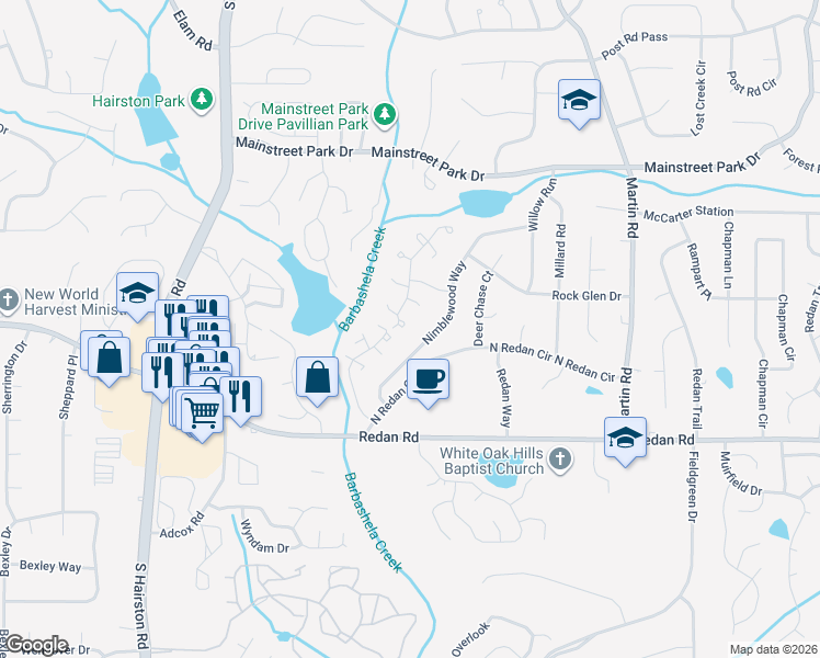 map of restaurants, bars, coffee shops, grocery stores, and more near 1065 Parkwest Court in Stone Mountain