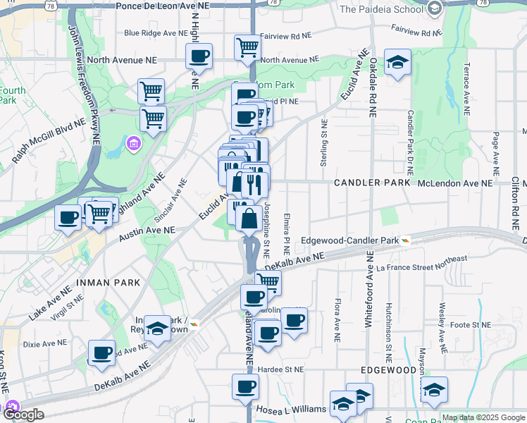 map of restaurants, bars, coffee shops, grocery stores, and more near 335 Josephine Street Northeast in Atlanta