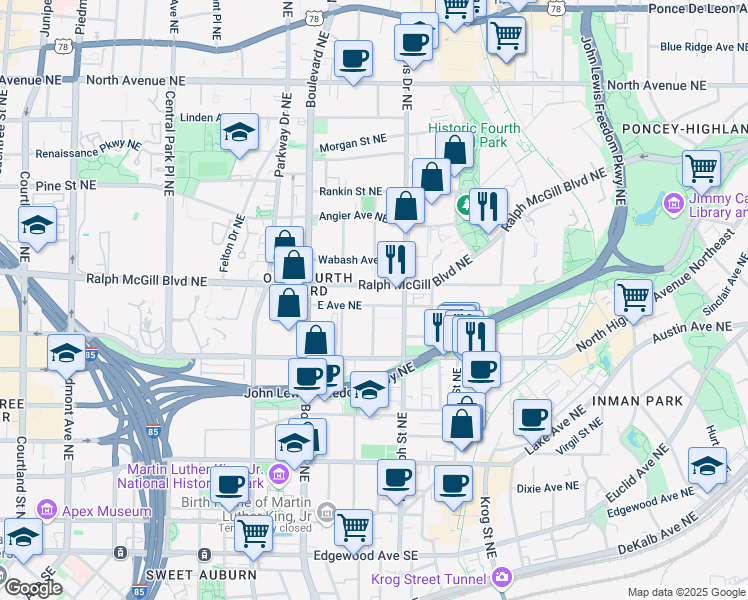 map of restaurants, bars, coffee shops, grocery stores, and more near 554 East Avenue Northeast in Atlanta