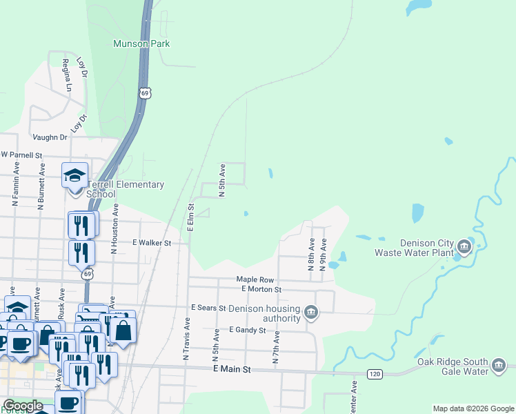 map of restaurants, bars, coffee shops, grocery stores, and more near 600 East Washington Street in Denison