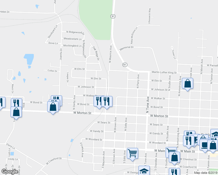 map of restaurants, bars, coffee shops, grocery stores, and more near 1491 West Johnson Street in Denison