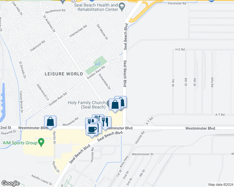 map of restaurants, bars, coffee shops, grocery stores, and more near 13741 Annandale Drive in Seal Beach
