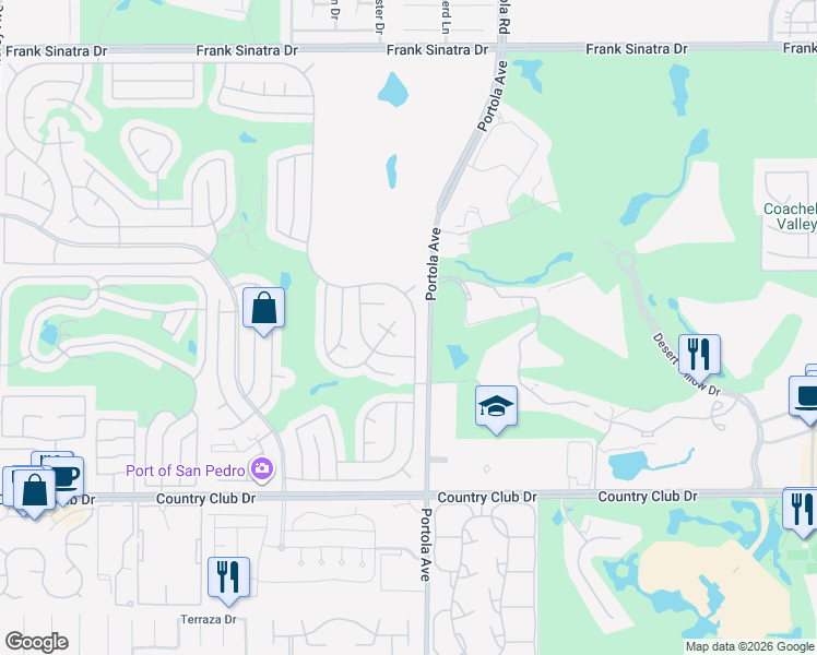map of restaurants, bars, coffee shops, grocery stores, and more near 39257 Desert Greens Drive East in Palm Desert