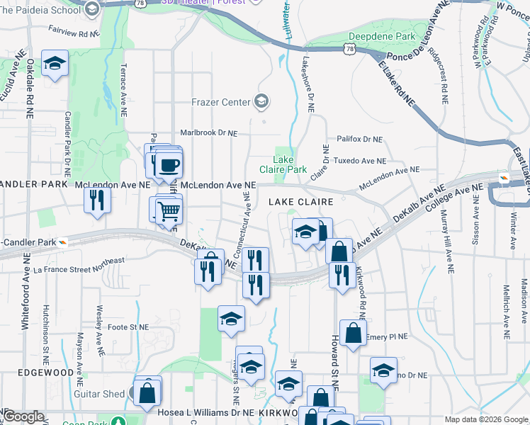 map of restaurants, bars, coffee shops, grocery stores, and more near 352 Mathews Avenue Northeast in Atlanta