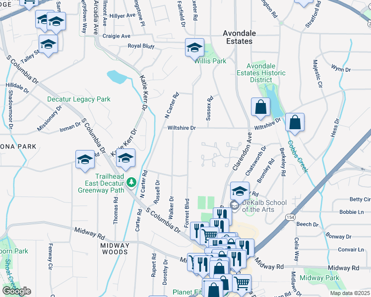 map of restaurants, bars, coffee shops, grocery stores, and more near 1081 Forrest Boulevard in Decatur