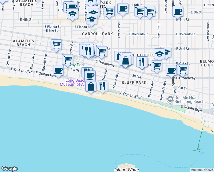 map of restaurants, bars, coffee shops, grocery stores, and more near 2525 East Ocean Boulevard in Long Beach