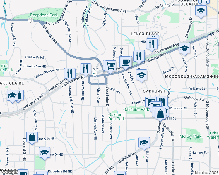 map of restaurants, bars, coffee shops, grocery stores, and more near 100 3rd Avenue in Decatur