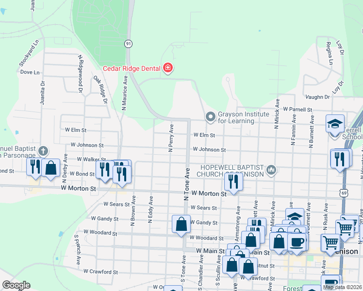 map of restaurants, bars, coffee shops, grocery stores, and more near 801 North Tone Avenue in Denison