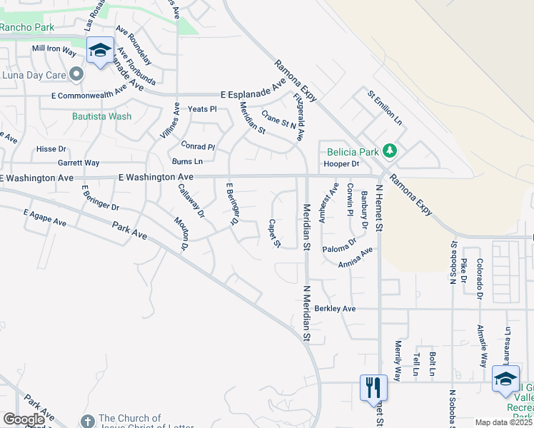 map of restaurants, bars, coffee shops, grocery stores, and more near 1666 Napa Court in San Jacinto