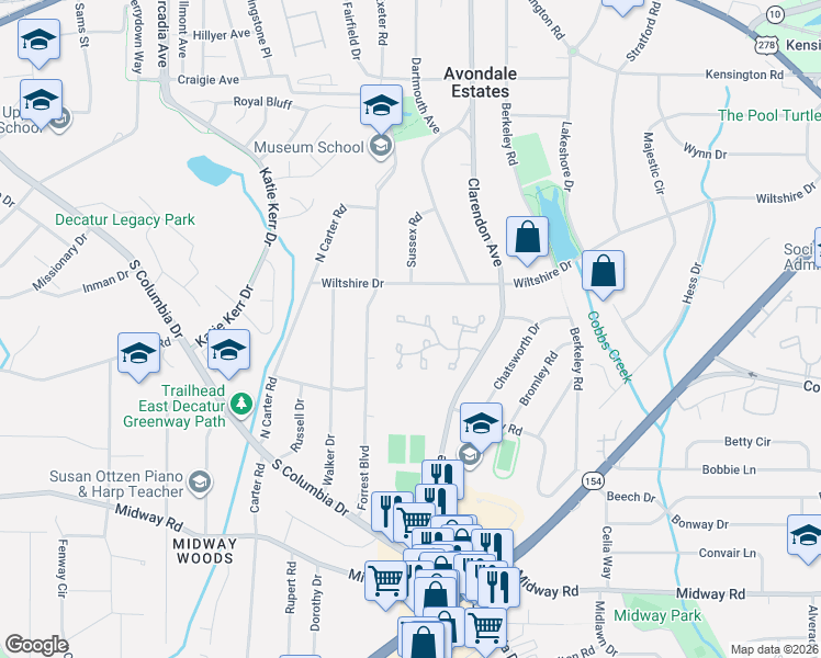 map of restaurants, bars, coffee shops, grocery stores, and more near 86 Devon Lane in Avondale Estates