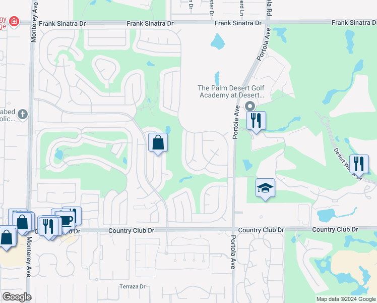 map of restaurants, bars, coffee shops, grocery stores, and more near 39246 Manzanita Drive in Palm Desert
