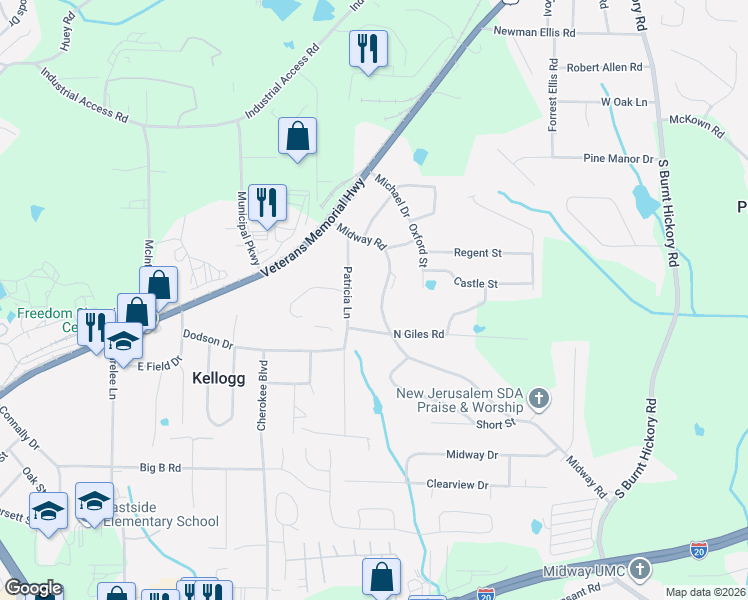 map of restaurants, bars, coffee shops, grocery stores, and more near 4381 Midway Road in Douglasville