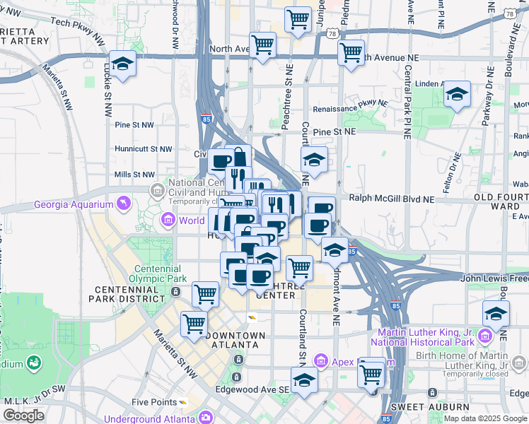 map of restaurants, bars, coffee shops, grocery stores, and more near 343 Peachtree Street Northeast in Atlanta
