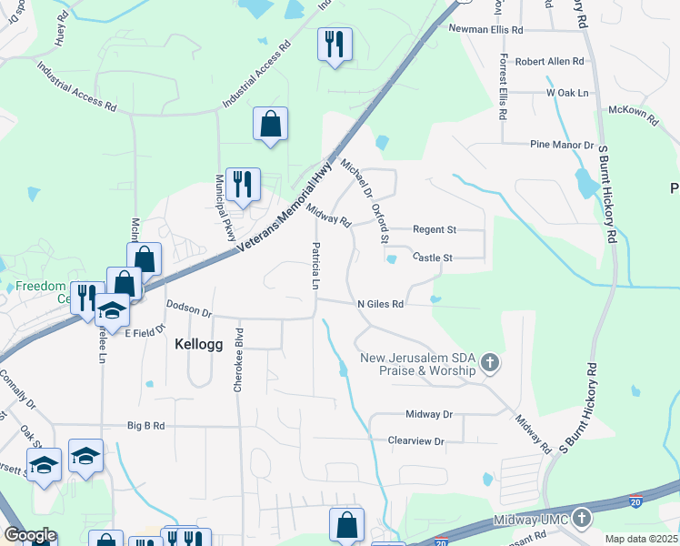 map of restaurants, bars, coffee shops, grocery stores, and more near 4381 Midway Road in Douglasville
