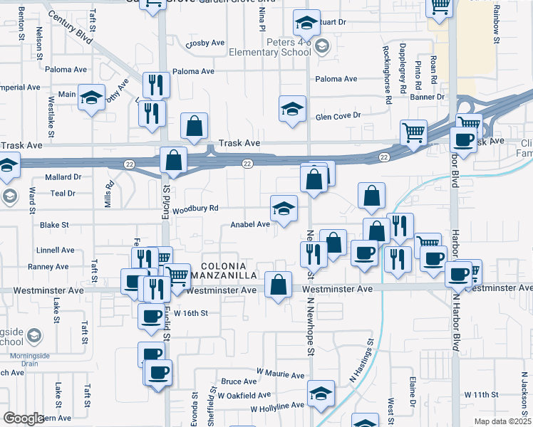 map of restaurants, bars, coffee shops, grocery stores, and more near 11332 Woodbury Road in Garden Grove