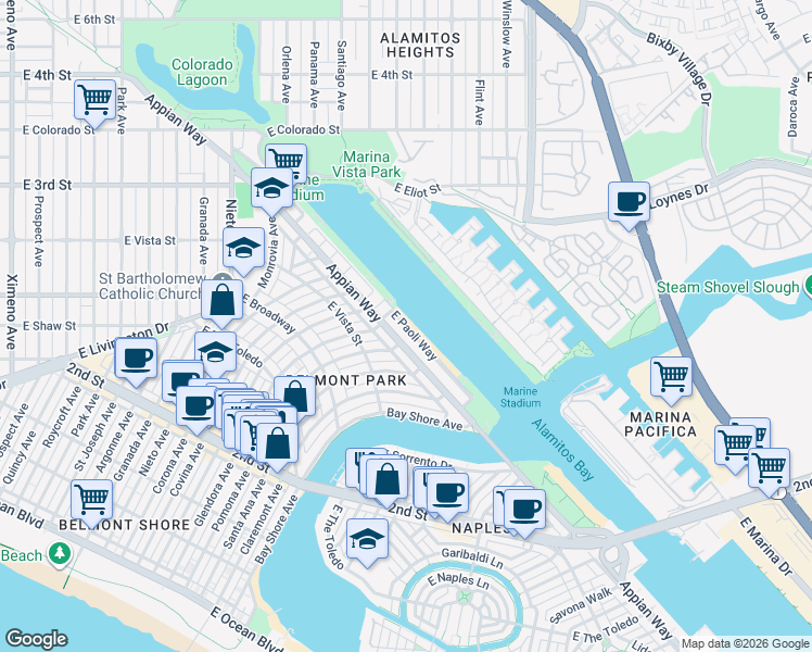 map of restaurants, bars, coffee shops, grocery stores, and more near 5300-5498 E Paoli Way in Long Beach