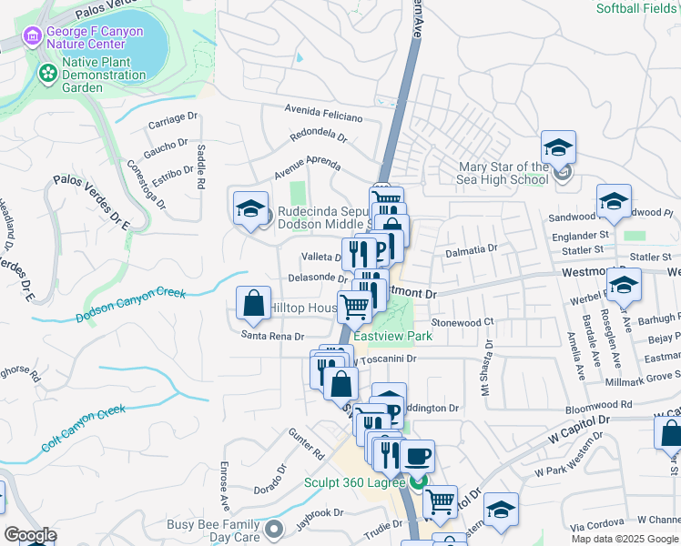 map of restaurants, bars, coffee shops, grocery stores, and more near 1823 Delasonde Drive in Rancho Palos Verdes