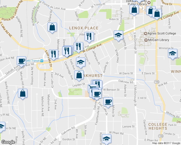 map of restaurants, bars, coffee shops, grocery stores, and more near 205 Olympic Place in Decatur