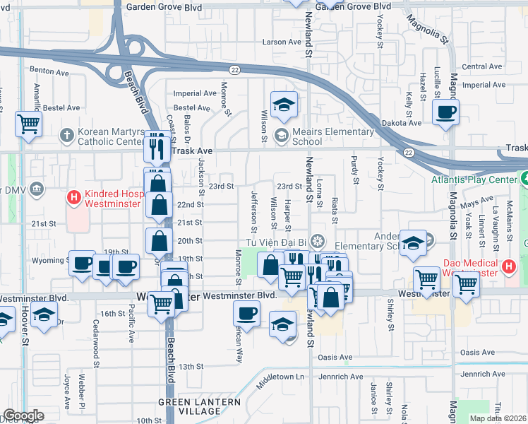 map of restaurants, bars, coffee shops, grocery stores, and more near 8316 Jefferson Street in Westminster
