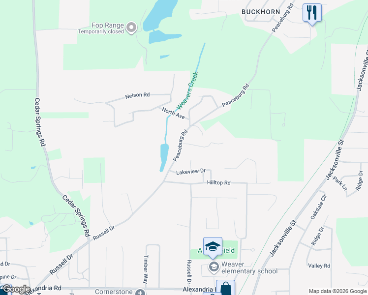 map of restaurants, bars, coffee shops, grocery stores, and more near 1425 Peaceburg Road in Weaver