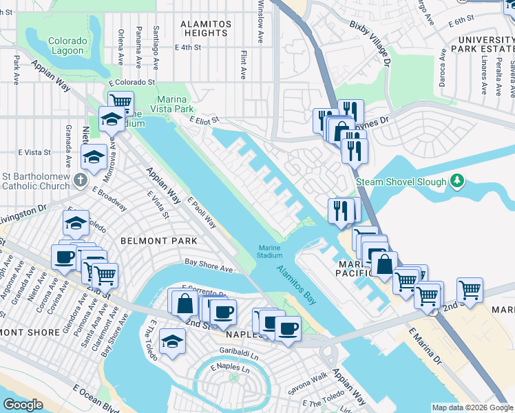 map of restaurants, bars, coffee shops, grocery stores, and more near 5812 Spinnaker Bay Drive in Long Beach