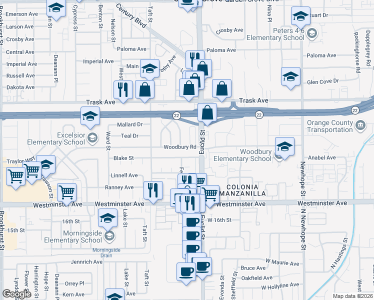 map of restaurants, bars, coffee shops, grocery stores, and more near 10902 Woodbury Road in Garden Grove
