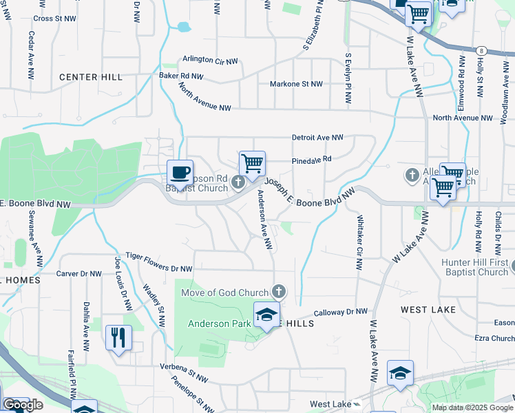 map of restaurants, bars, coffee shops, grocery stores, and more near 306 Anderson Avenue Northwest in Atlanta
