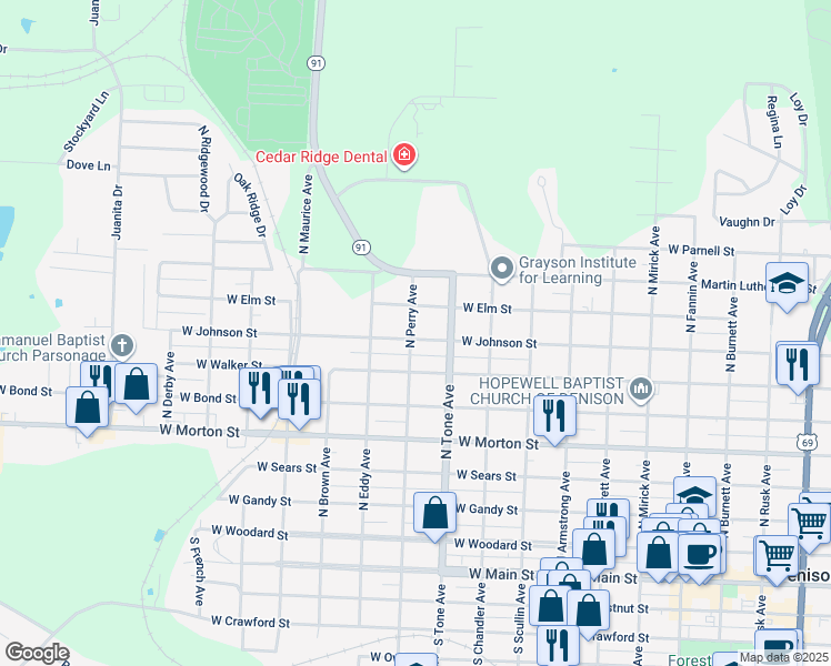 map of restaurants, bars, coffee shops, grocery stores, and more near 1131 West Johnson Street in Denison