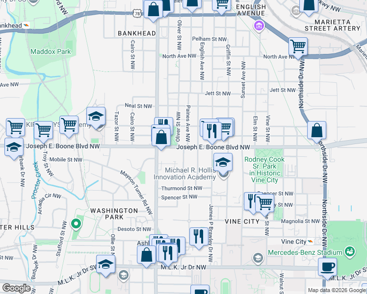 map of restaurants, bars, coffee shops, grocery stores, and more near Joseph E. Boone Blvd NW & Sciple Terrace NW in Atlanta