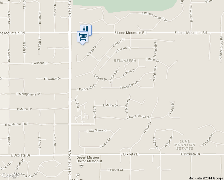 map of restaurants, bars, coffee shops, grocery stores, and more near 7483 East Pontebella Drive in Scottsdale