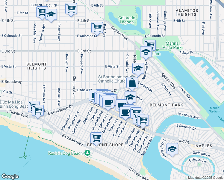 map of restaurants, bars, coffee shops, grocery stores, and more near Saint Joseph Avenue in Long Beach