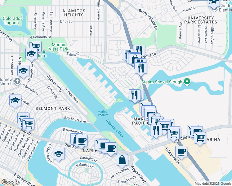 map of restaurants, bars, coffee shops, grocery stores, and more near 354 Salta Verde Point in Long Beach