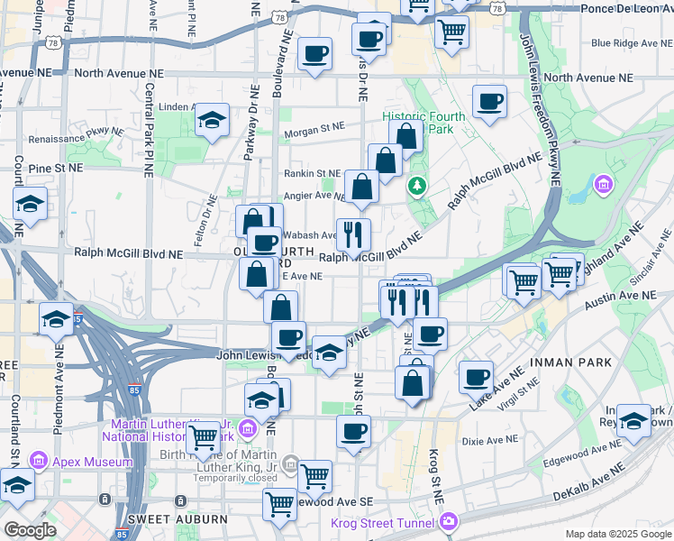 map of restaurants, bars, coffee shops, grocery stores, and more near 560 East Avenue Northeast in Atlanta