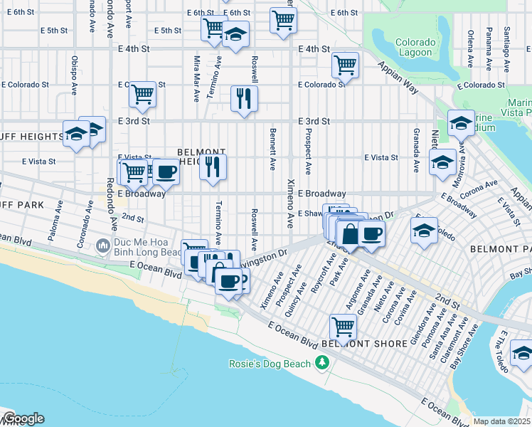 map of restaurants, bars, coffee shops, grocery stores, and more near 4225 East Shaw Street in Long Beach
