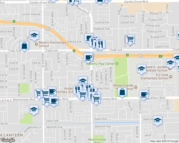 map of restaurants, bars, coffee shops, grocery stores, and more near 13711 Magnolia Street in Garden Grove