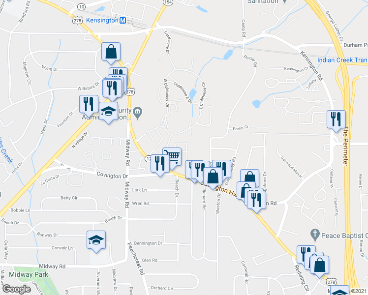 map of restaurants, bars, coffee shops, grocery stores, and more near 3748 Covington Highway in Decatur